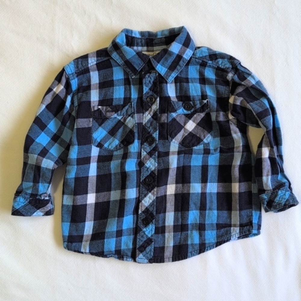 toughskins blue plaid cotton flannel button down shirt 18 months baby boy